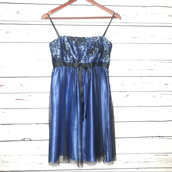 Gunne Sax Dresses | Vintage Gunne Sax Blue Satin & Black Floral Lace Prom Party Dress Size Small | Color: Black/Blue | Size: S | Flowerinherhair's